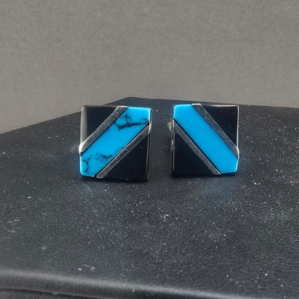 Vintage Estate Cufflinks Mexican Silver Blue Black Inlay Square